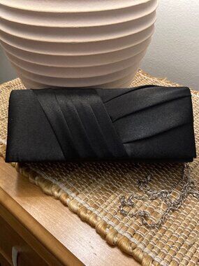 Damara Black Satin Evening Bag with Detachable Silver Chain New